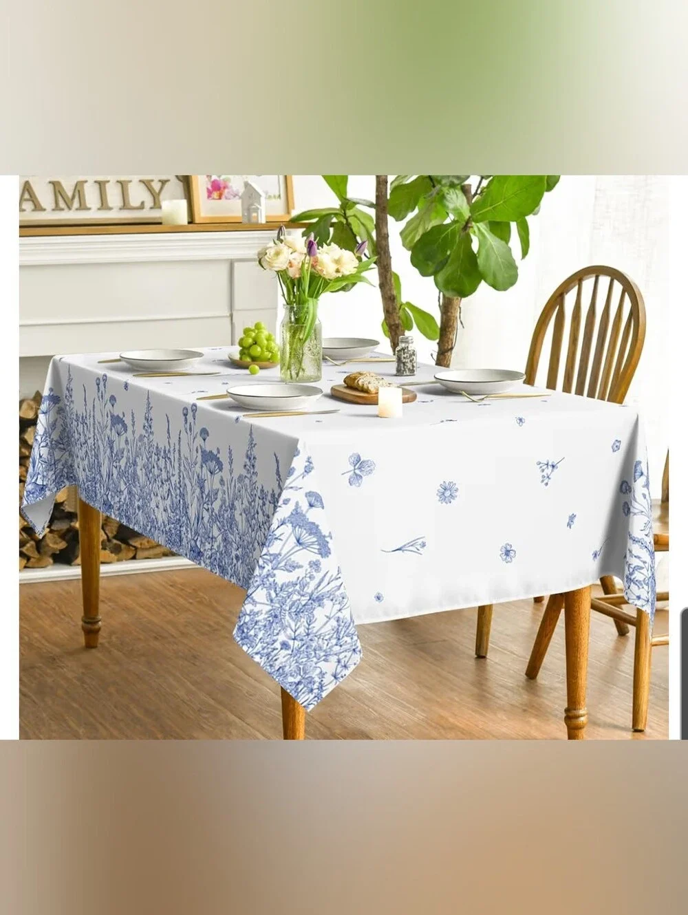 Blue Wildflower Border Washable Tablecloth - 52 X 70 Rectangular